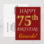 Carte Postale Rouge, Faux Gold 75e anniversaire + Nom personnali (Devant / Derrière)