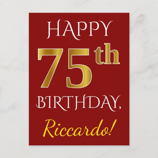 Carte Postale Rouge, Faux Gold 75e anniversaire + Nom personnali (Devant)