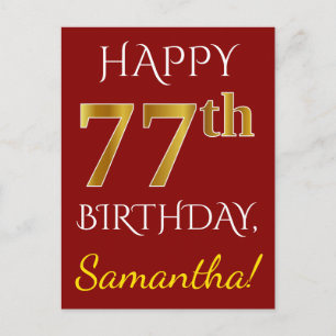 Carte Postale Rouge, Faux Gold 77e anniversaire + Nom personnali