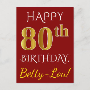 Carte Postale Rouge, Faux Gold 80e anniversaire + Nom personnali