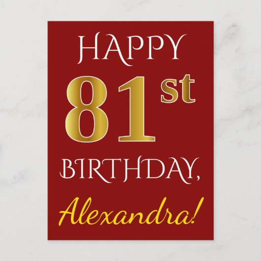 Carte Postale Rouge, Faux Gold 81e anniversaire + Nom personnali (Devant)