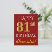Carte Postale Rouge, Faux Gold 81e anniversaire + Nom personnali (Debout devant)