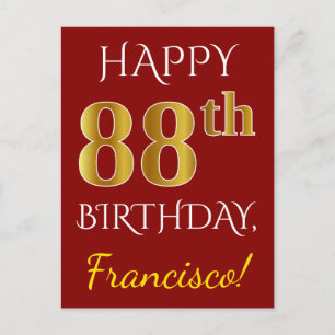 Carte Postale Rouge, Faux Gold 88e anniversaire + Nom personnali