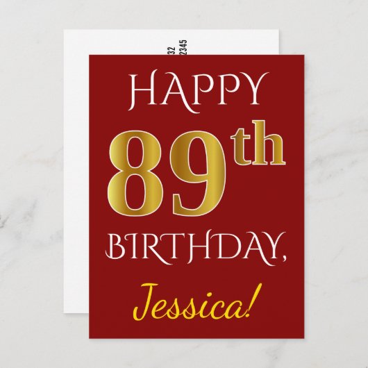 Carte Postale Rouge, Faux Gold 89e anniversaire + Nom personnali (Devant / Derrière)