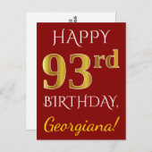 Carte Postale Rouge, Faux Gold 93ème anniversaire + Nom personna (Devant / Derrière)