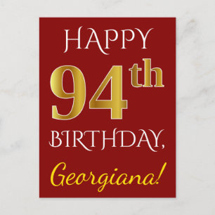 Carte Postale Rouge, Faux Gold 94e anniversaire + Nom personnali