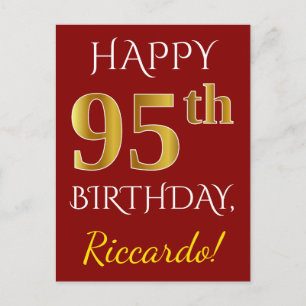 Carte Postale Rouge, Faux Gold 95e anniversaire + Nom personnali