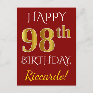 Carte Postale Rouge, Faux Gold 98e anniversaire + Nom personnali