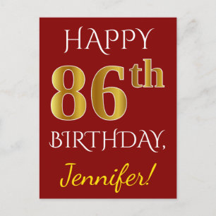 Carte Postale Rouge, Faux Or 86e Anniversaire + Nom Personnalisé