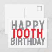 Carte Postale Rouge Gris Blanc Moderne Gras Joyeux 100e Annivers (Devant / Derrière)