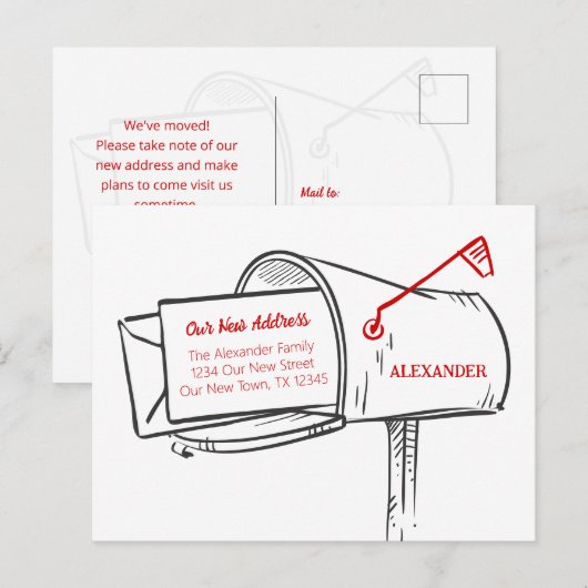 Carte Postale Rouge Nous avons déplacé la boîte aux lettres dése (Devant / Derrière)