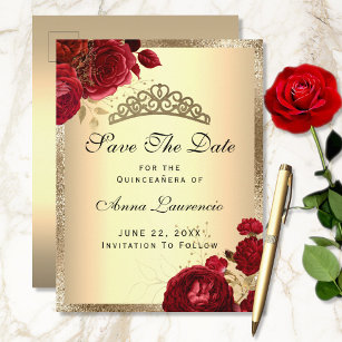 Carte Postale Rouge Or Floral Rose Quinceanera Enregistrer La Da