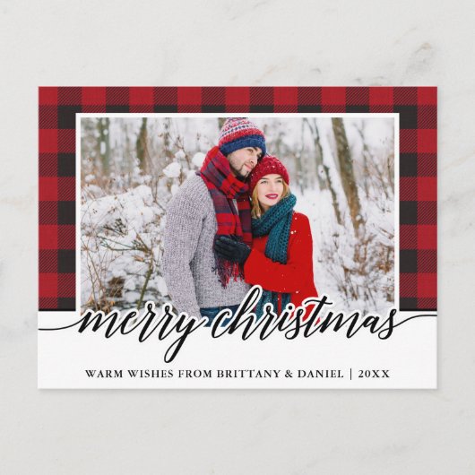 Carte Postale Rouge Plaid Calligraphy Couple Joyeux Noël (Devant)