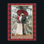 Carte Postale Rouge Plaid Mariage photo Joyeux Noël Kraft<br><div class="desc">Carte postale Red Buffalo Plaid Mariage Photo Joyeux Noël Kraft Holiday</div>