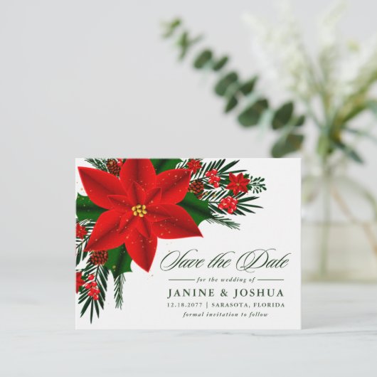 Carte Postale Rouge Poinsettia Pine Verdure Mariage Enregistrer (Debout devant)