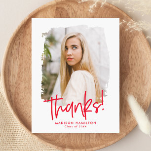 Carte Postale Rouge Preppy Script Photo Graduation Merci