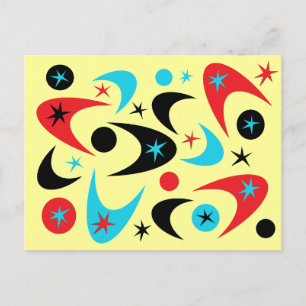Carte Postale Rouge rétro Noir et Aqua Starburst Boomerang