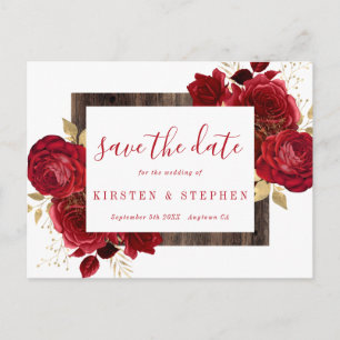 Carte Postale Rouge Rose Floral Gold Fall Enregistrer la date