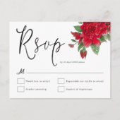 Carte Postale Rouge Roses Florales Feuille Script Mariage RSVP (Devant)