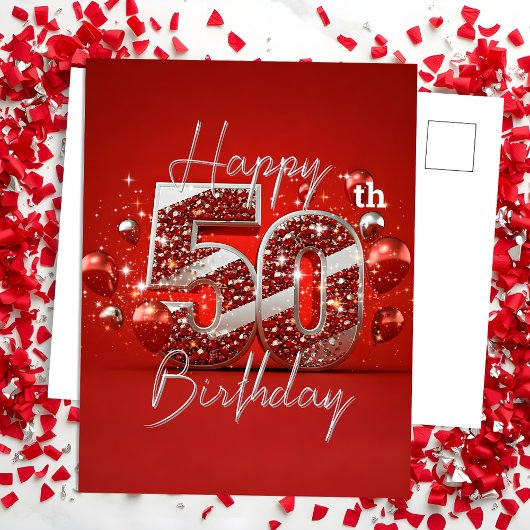 Carte Postale Rouge scintillant et argent 50e anniversaire