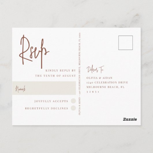 Carte Postale Rouille | Mariage de script manuscrit moderne RSVP (Dos)
