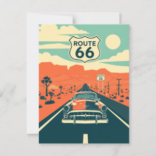 Carte Postale Route 66 Conception contrastée avec voiture classi