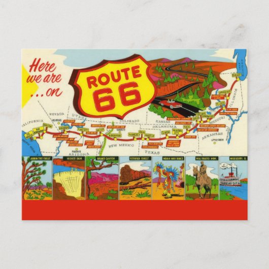 Carte Postale Route 66 Rouge Rétro (Devant)