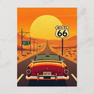 Carte Postale Route 66 Vintage Sunset Highway avec voiture