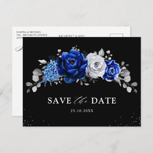 Carte Postale Royal Bleu Blanc Argent Floral Enregistrer la date (Devant / Derrière)