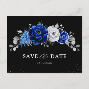 Carte Postale Royal Bleu Blanc Argent Floral Enregistrer la date