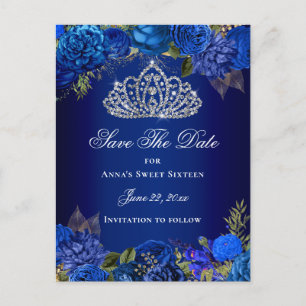 Carte Postale Royal Blue Floral Sweet sixteen Enregistrer La Dat