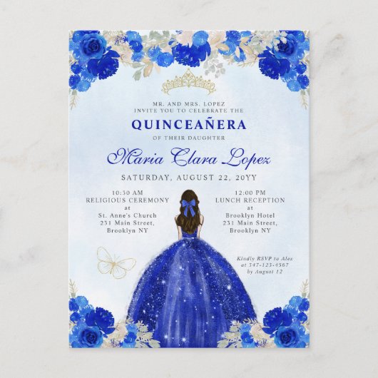Carte Postale Royal Blue Gold Floral Princesse Quinceañera (Devant)