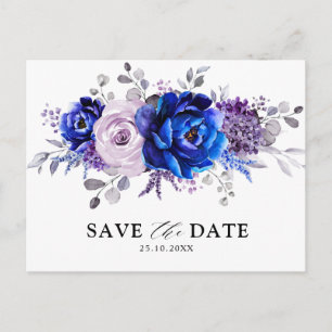 Carte Postale Royal Blue Lilac Purple Floral Enregistrer la date