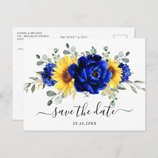 Carte Postale Royal Blue Rustic Tournesol moderne Enregistrer la (Devant / Derrière)