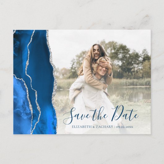 Carte Postale Royal Blue Silver Agate Custom Photo Save the Date (Devant)