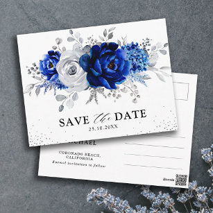 Carte Postale Royal Blue White Silver Floral Enregistrer la date