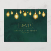 Carte Postale Royal Emerald Green Golden Lights Wedding RSVP (Devant)