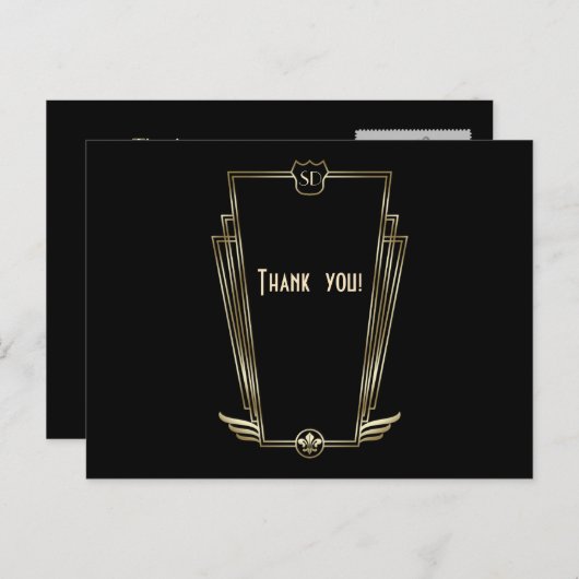 Carte Postale Royal Gold Art Déco Monogram Mariage Merci (Devant / Derrière)