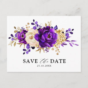 Carte Postale Royal violet violet or Floral Enregistrer la date 