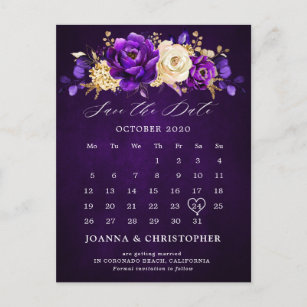 Carte Postale Royal violet violet or Floral Enregistrer la date 