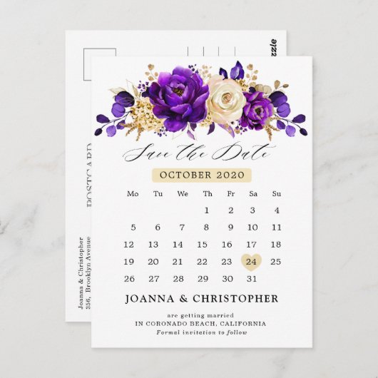 Carte Postale Royal violet violet or Floral Enregistrer la date (Devant / Derrière)