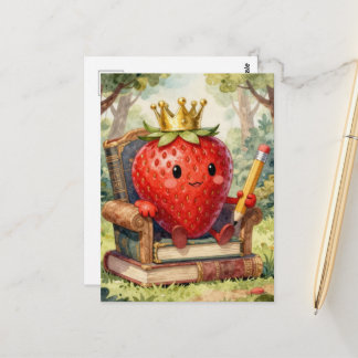 Carte Postale Royauté fraise mignonne sur un trône de livre
