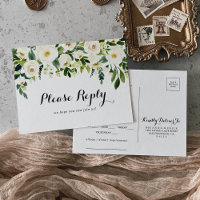 Carte postale RSVP à la florale blanche verte