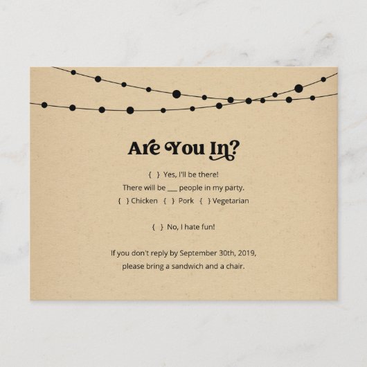 Carte postale RSVP amusante et amusante - Rustic K (Devant)