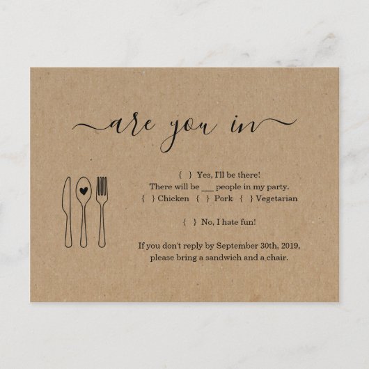 Carte postale RSVP amusante et amusante - Rustic K (Devant)
