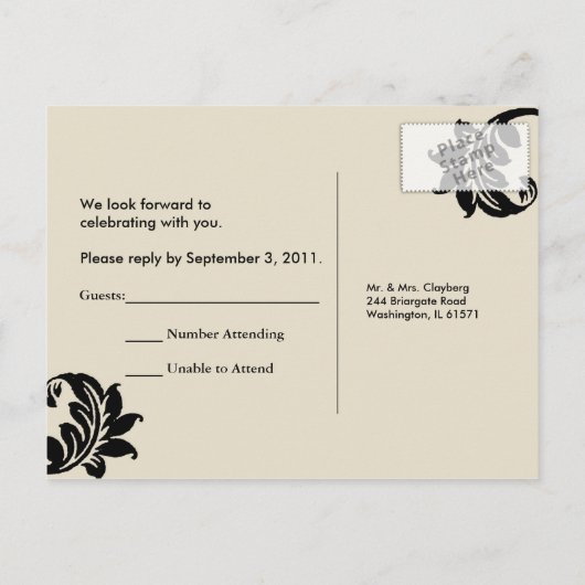 Carte postale RSVP Black Damask (Dos)