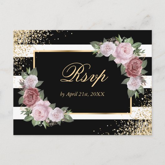 Carte postale RSVP Black Gold Blush Floral Wedding (Devant)