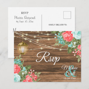 Carte Postale RSVP - Bois, Lanterne et sarcelle, Mariage Fleurs 