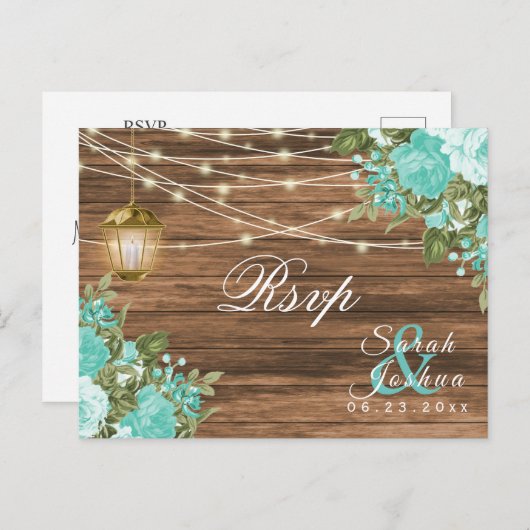 Carte Postale RSVP - Bois, Lanternes et Fleurs Turquoises (Devant / Derrière)