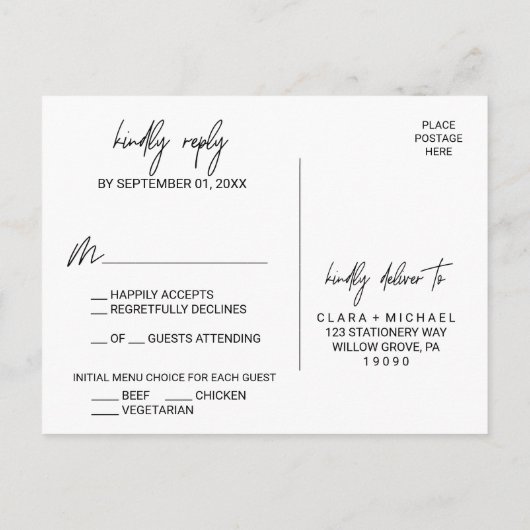 Carte postale RSVP Choix du menu de calligraphie (Dos)